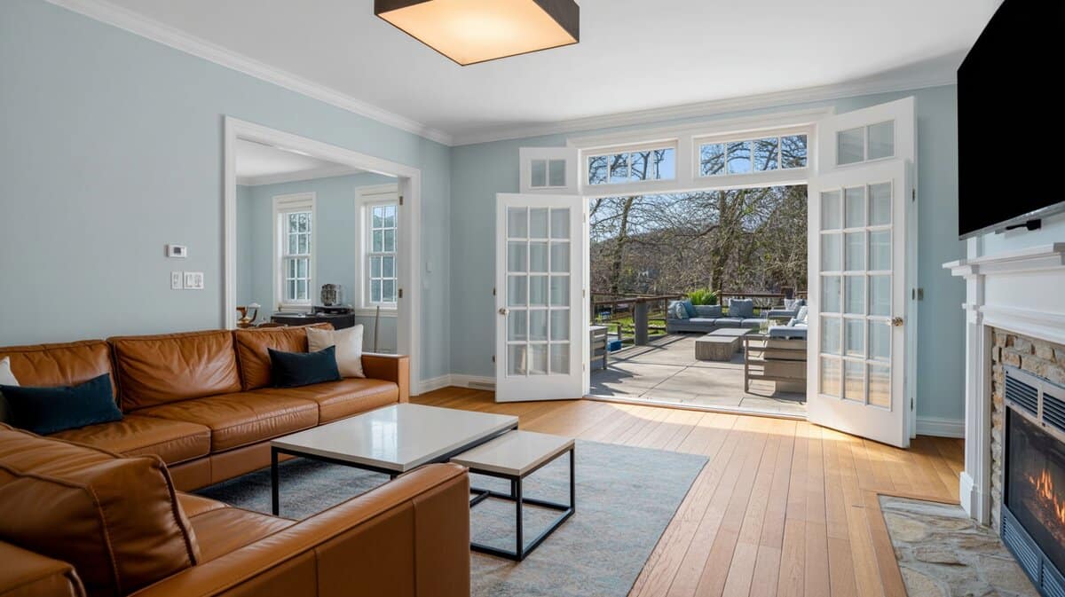 Cognac leather sofa with light blue walls and white French doors opening to outdoor patio
