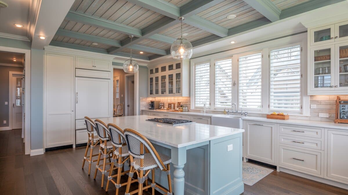 Contemporary kitchen with coffered tray ceiling of bleached gray tongue and groove planks framed in pale teal beams