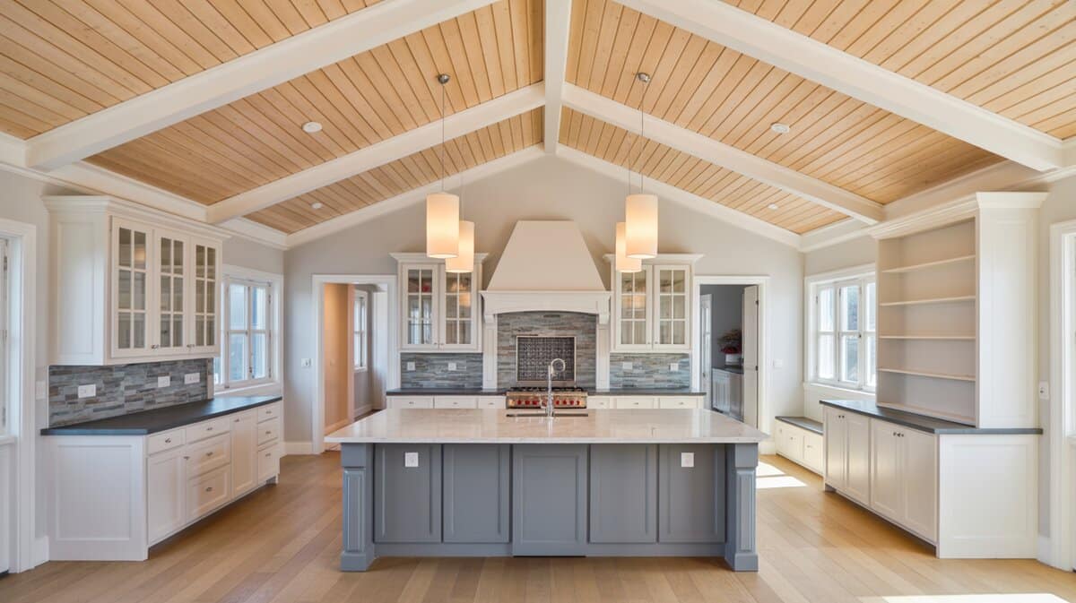 Contemporary kitchen with soaring vaulted cathedral ceiling in light maple tongue and groove above a gray island