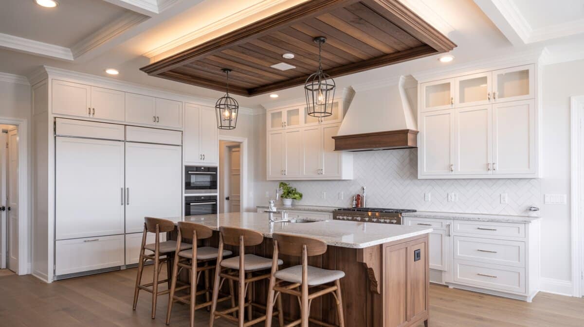 Contemporary white kitchen with dark walnut wood plank tray ceiling accent over the island and cage lantern pendants