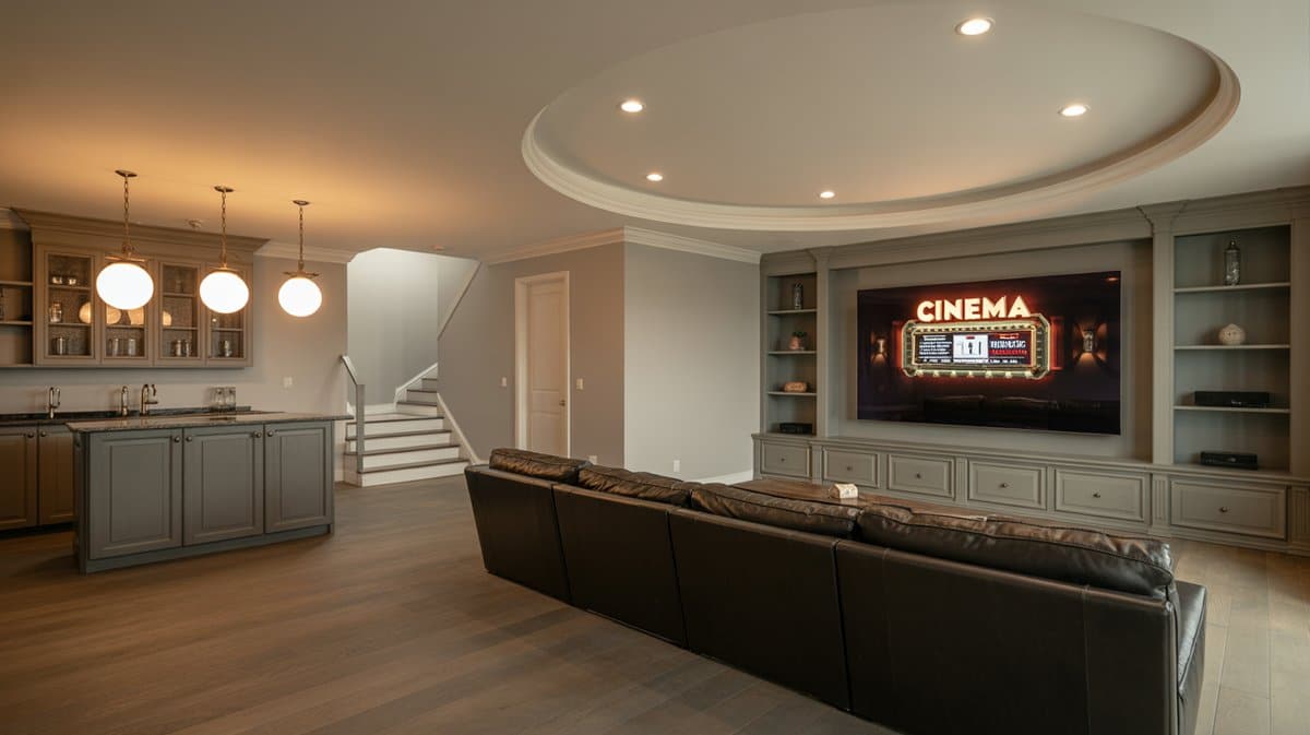 Luxurious basement cinema room with round drop tray ceiling, illuminated CINEMA sign on TV, dark leather sectional, and wet bar