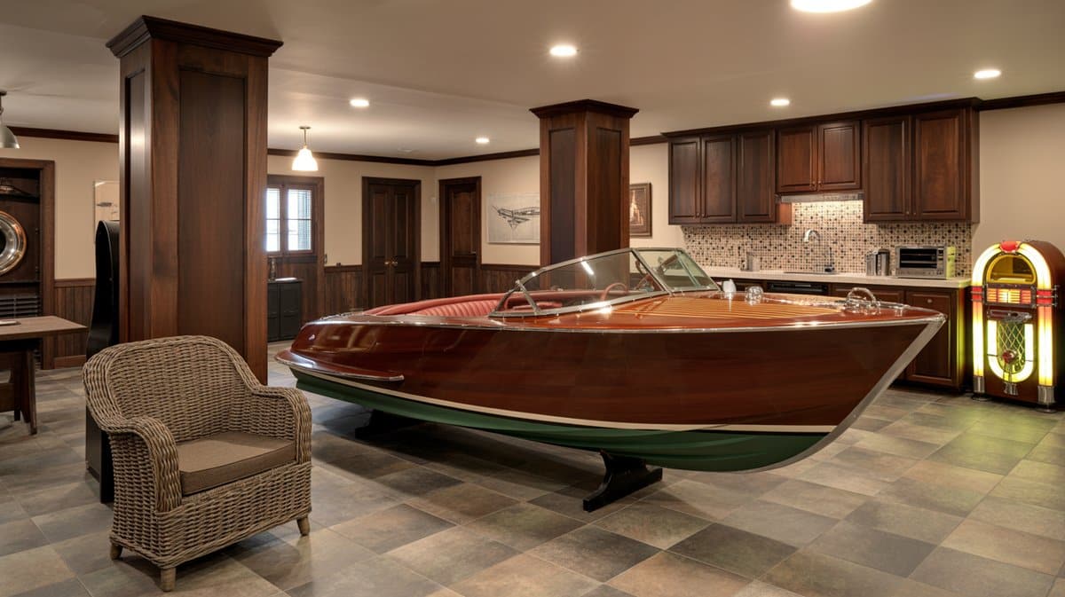 Unique basement with vintage mahogany speedboat as centerpiece display, wicker armchair, dark kitchen, and vintage jukebox