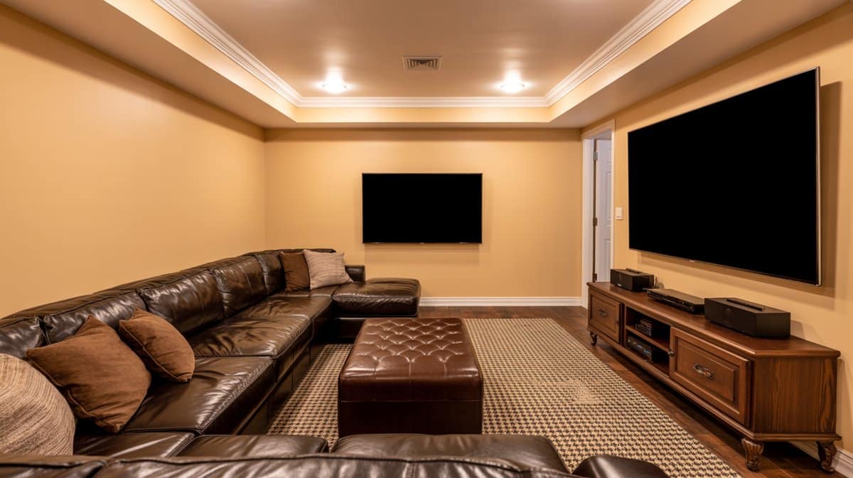 Basement media room with dark leather sectional sofa, tufted ottoman, two wall-mounted TVs, and dark wood credenza