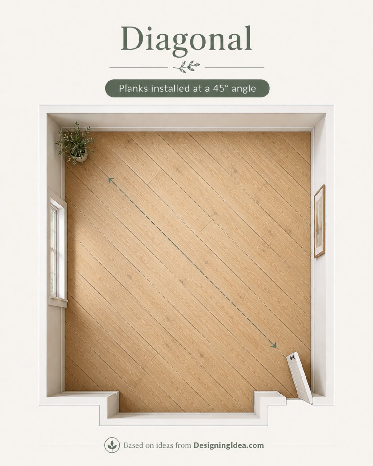 Floor plan diagram of wood planks installed at a 45 degree diagonal angle