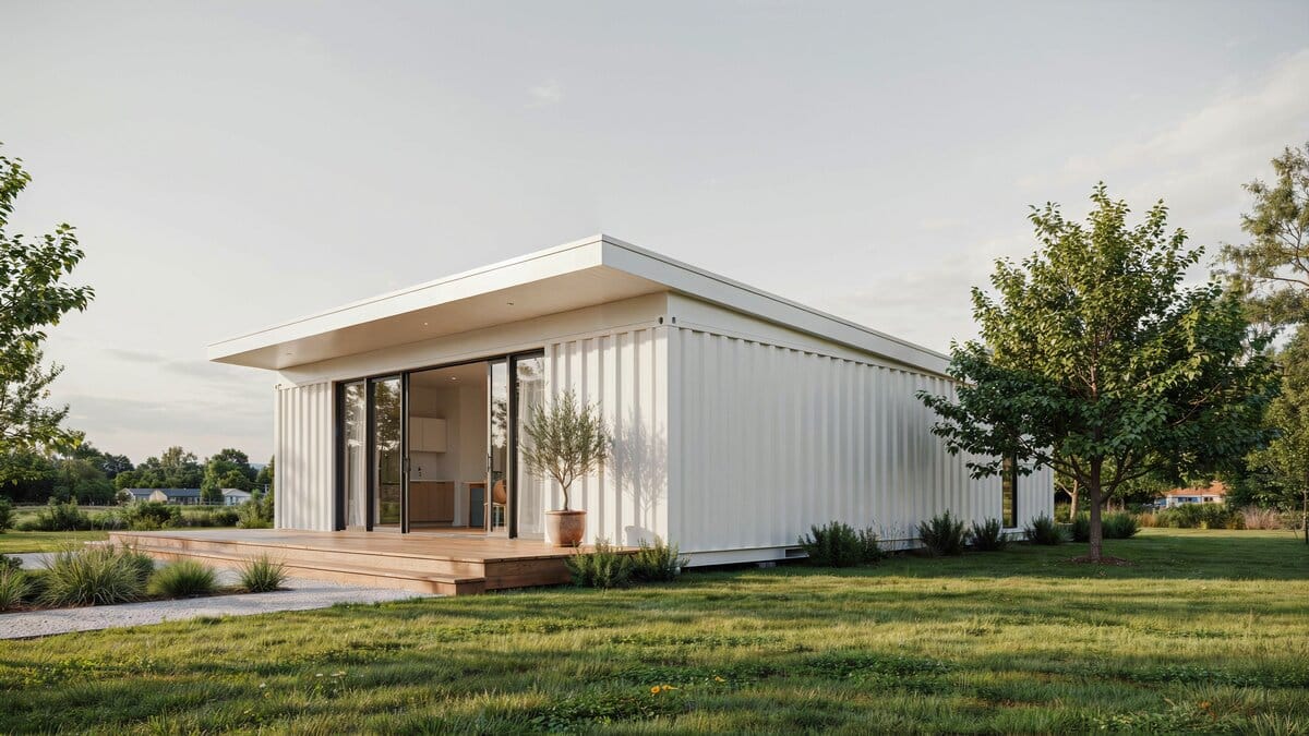 White single story shipping container home with glass sliding doors and wood deck