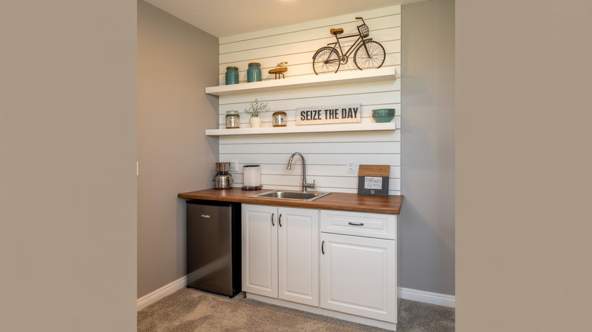 Compact basement kitchenette with white shiplap wall, floating shelves with teal jars, bicycle art, and butcher block counter