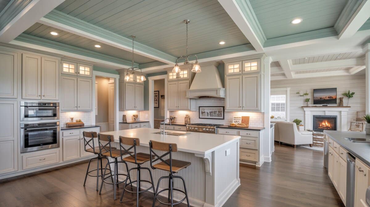 Farmhouse kitchen with painted tongue and groove tray ceiling above white raised-panel cabinets open to living room