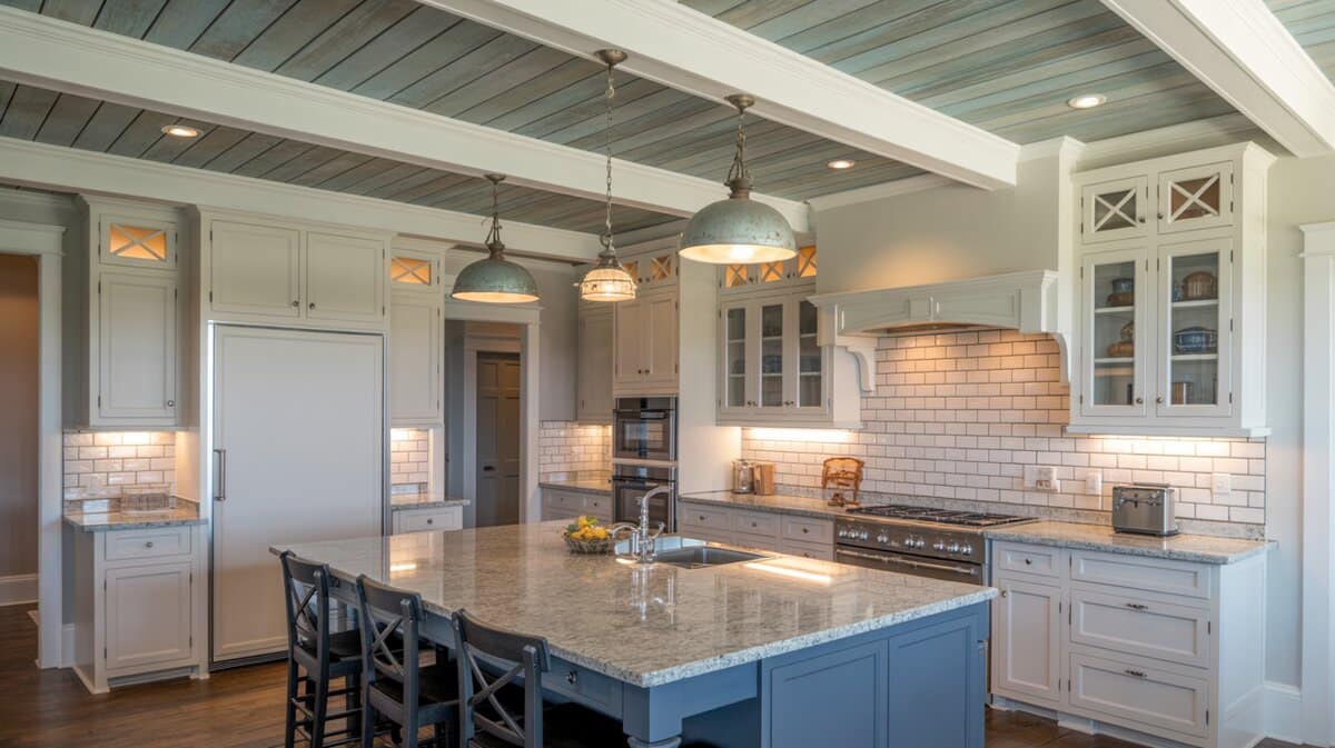 Farmhouse kitchen with whitewashed shiplap ceiling and white painted beams above a slate blue granite island