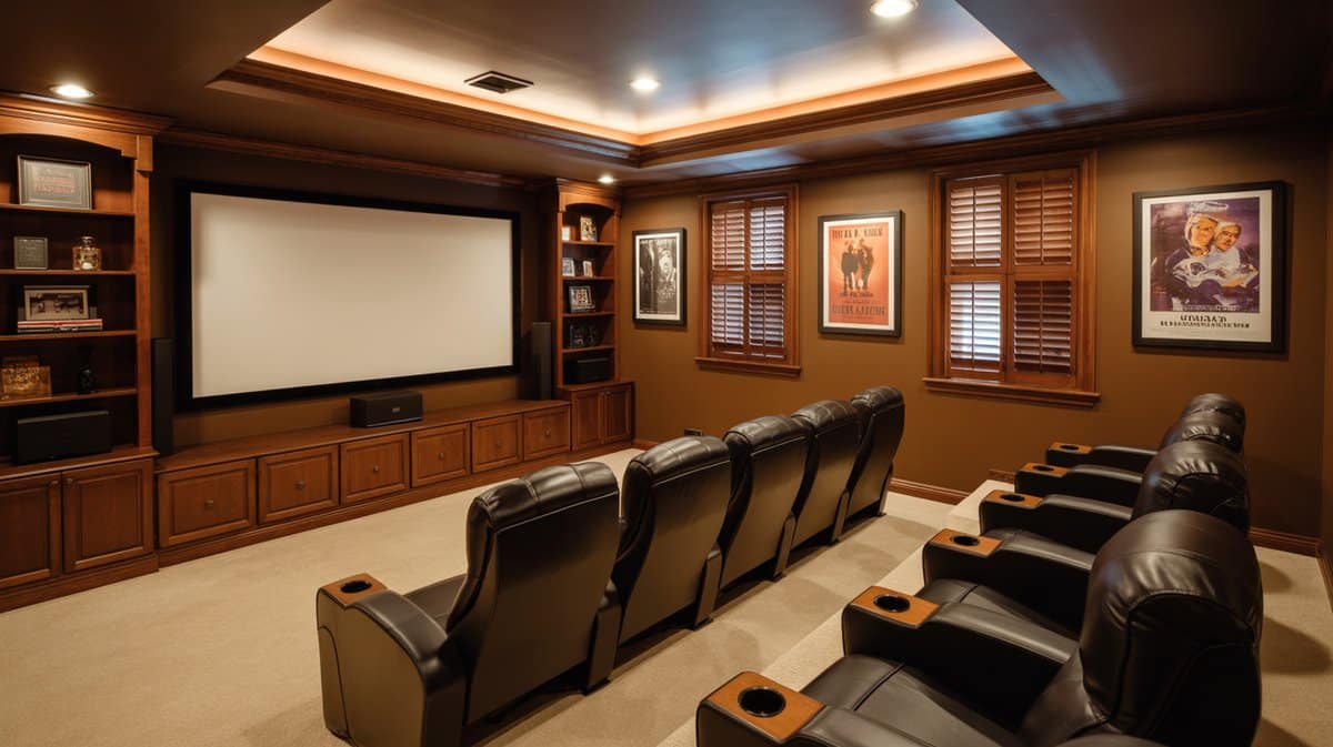 Basement home theater with dark brown walls, large projection screen, rows of leather recliner seats, and movie poster art