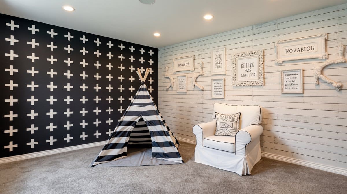 Kids basement playroom with black cross-pattern accent wall, black and white striped teepee, and whitewashed shiplap gallery