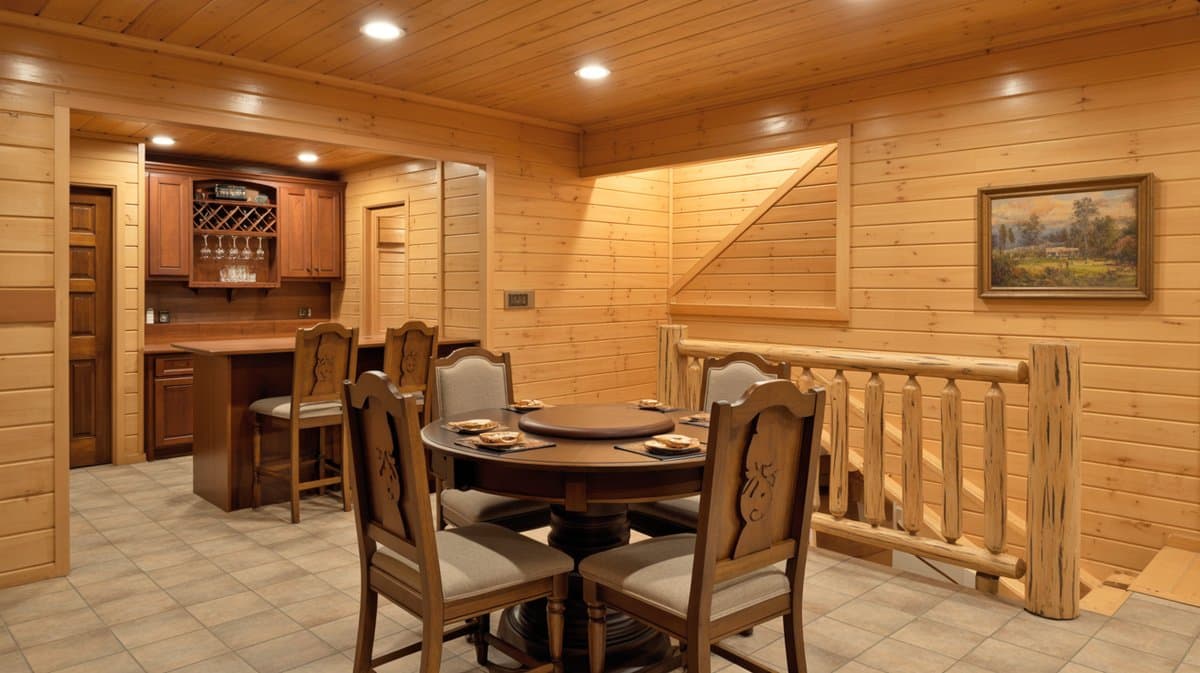 Rustic log cabin basement with round game table, dark wood bar with wine rack, and knotty pine walls and ceiling