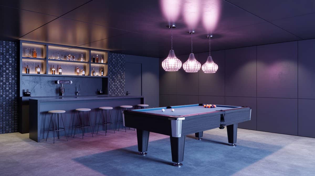 Moody basement man cave with dark pool table, backlit gray bar with liquor shelves, and purple pendant lights above