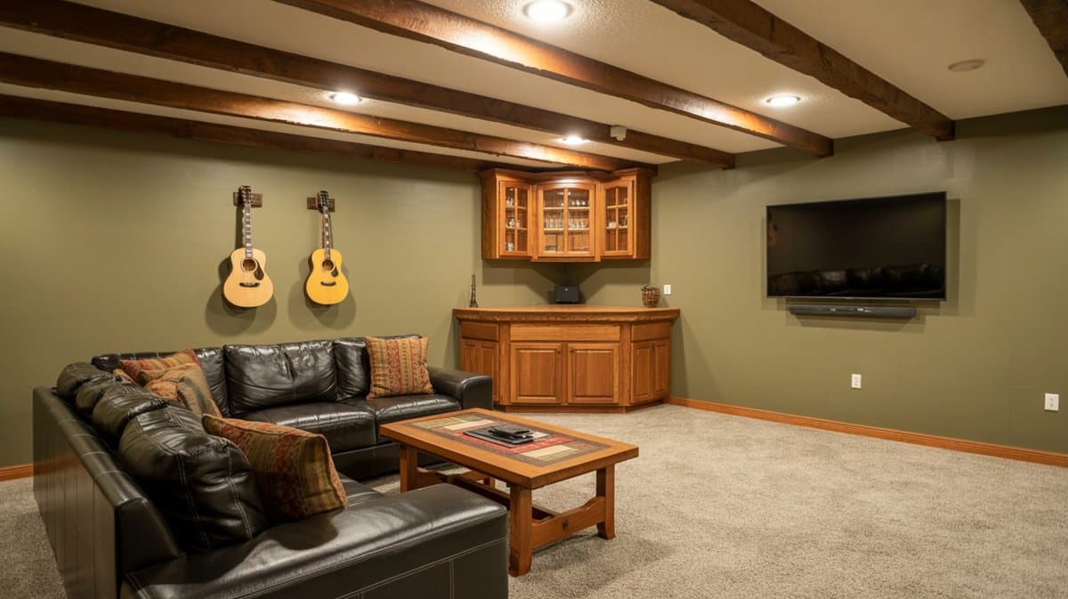 Basement living room with green walls, exposed wood ceiling beams, black leather sectional, and guitars mounted on wall