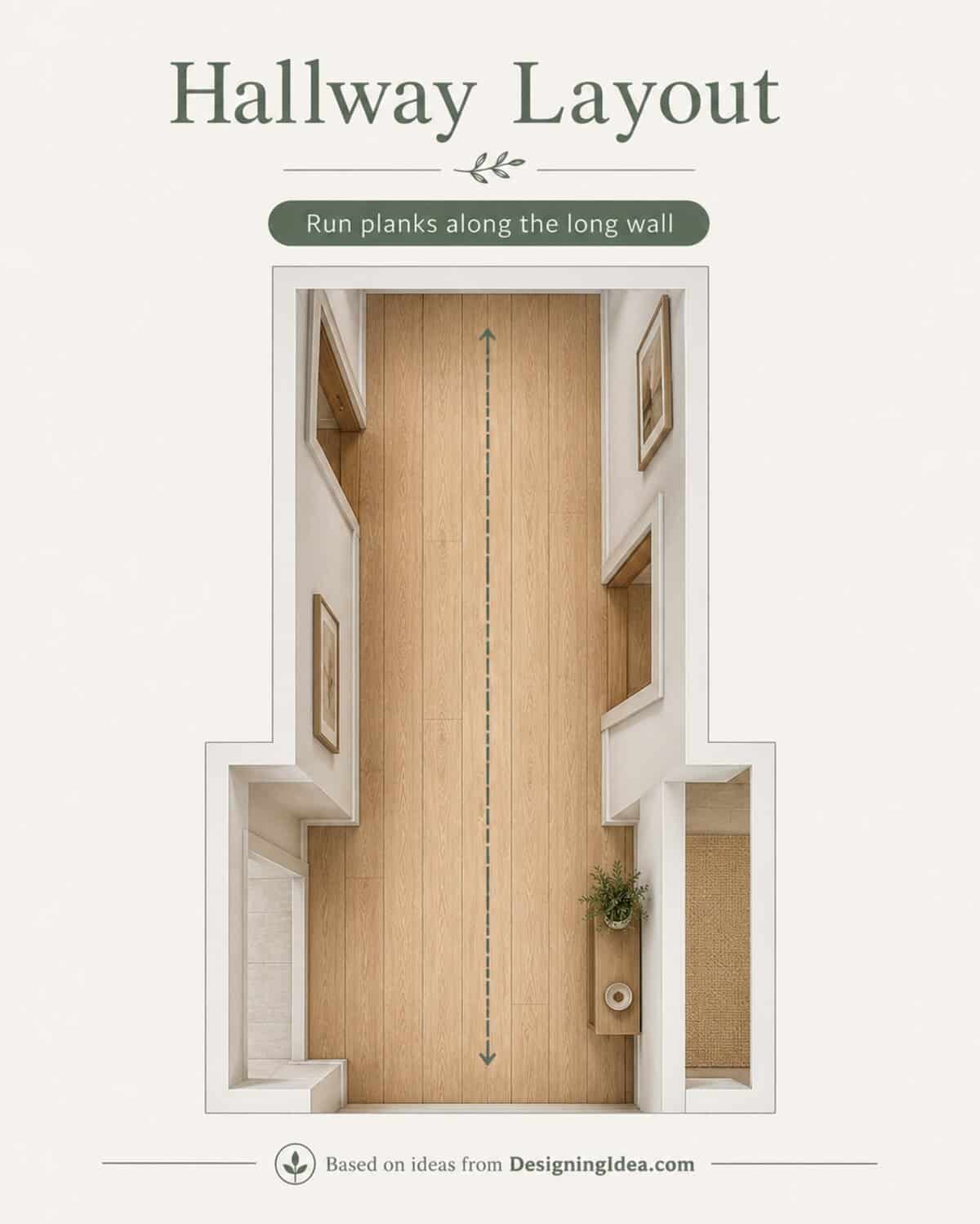 Overhead layout of a narrow hallway with wood planks running along its long dimension