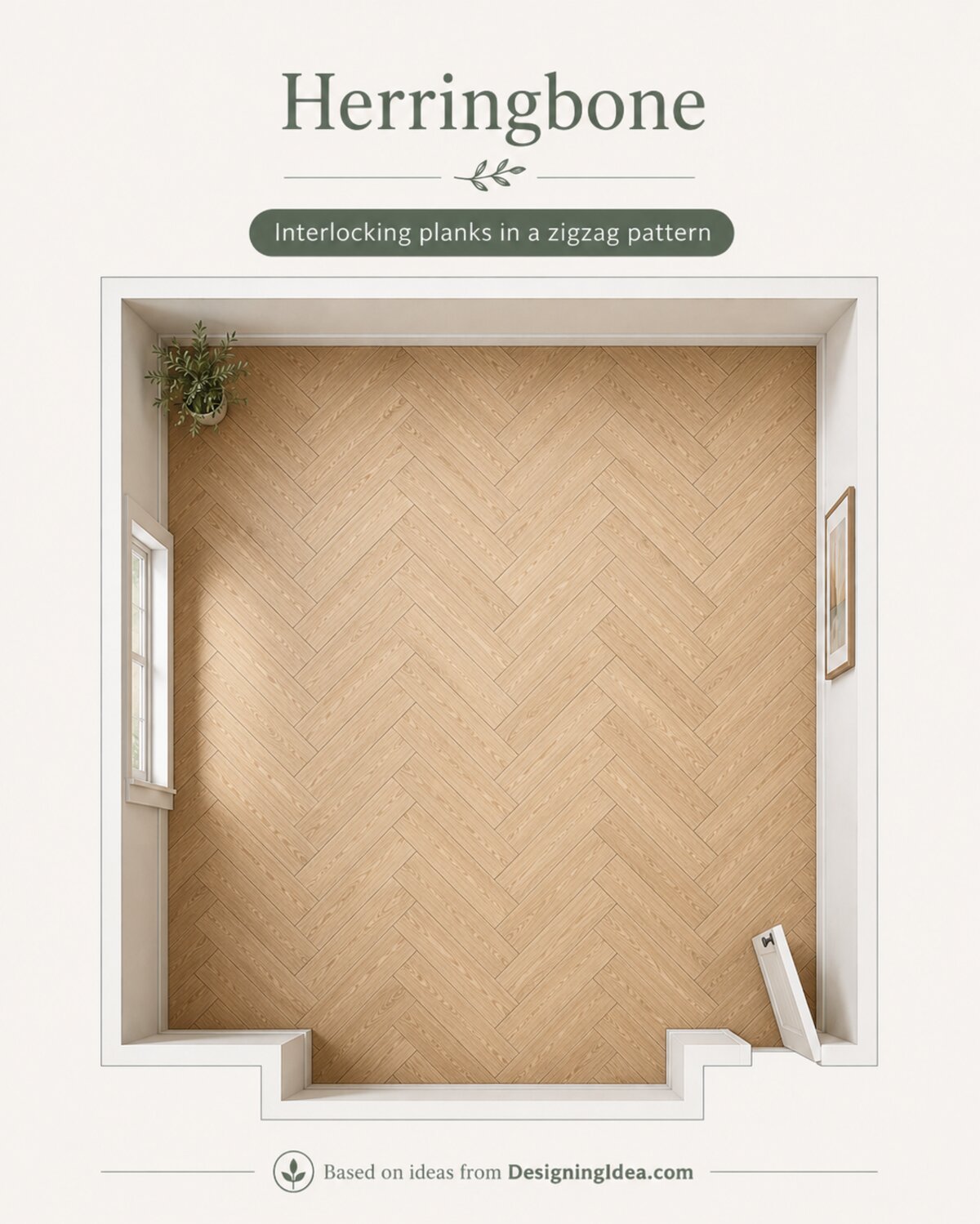 Top-down diagram of interlocking wood planks arranged in a herringbone zigzag pattern