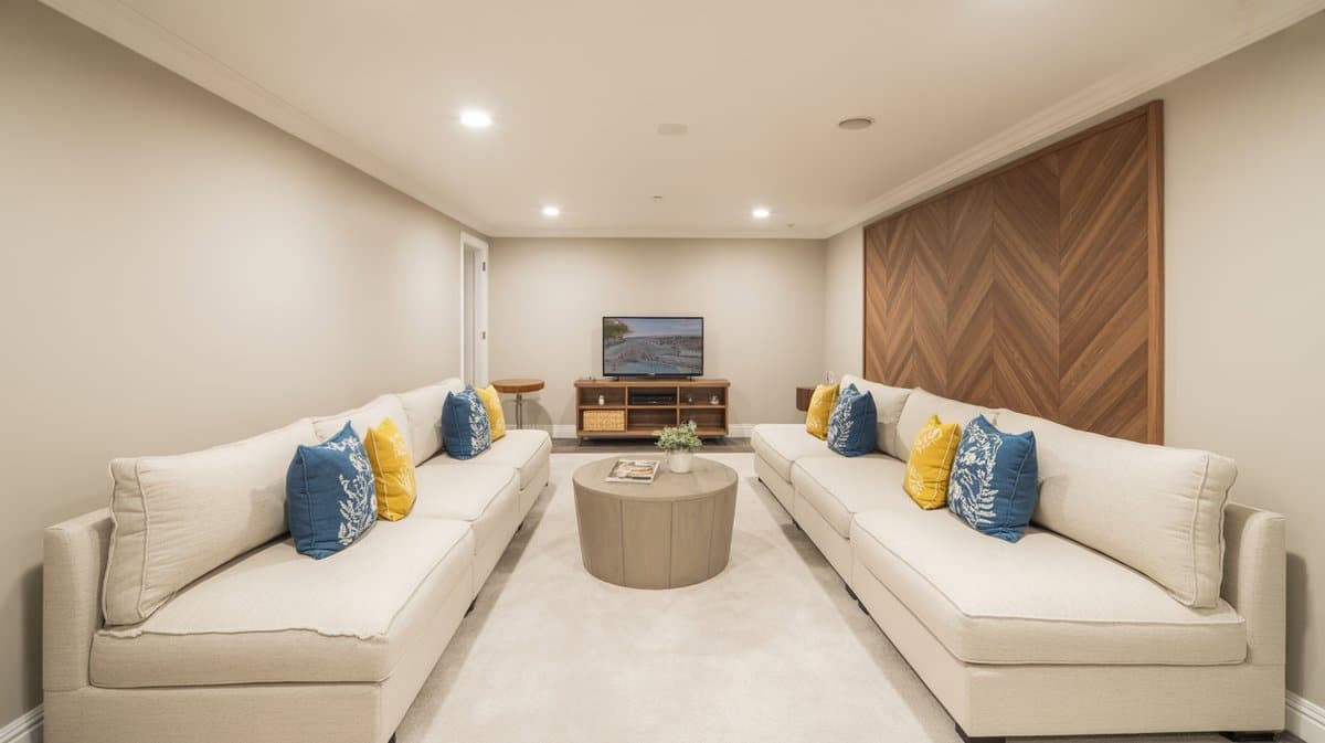 Elegant basement lounge with two facing cream sofas, blue and yellow pillows, round wood coffee table, and herringbone wall art