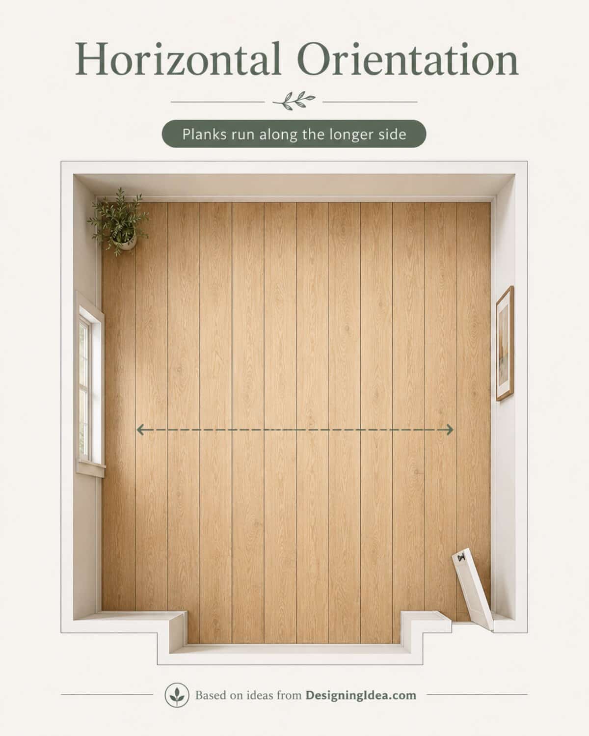 Top-down layout of horizontal wood floor planks running along the longer wall