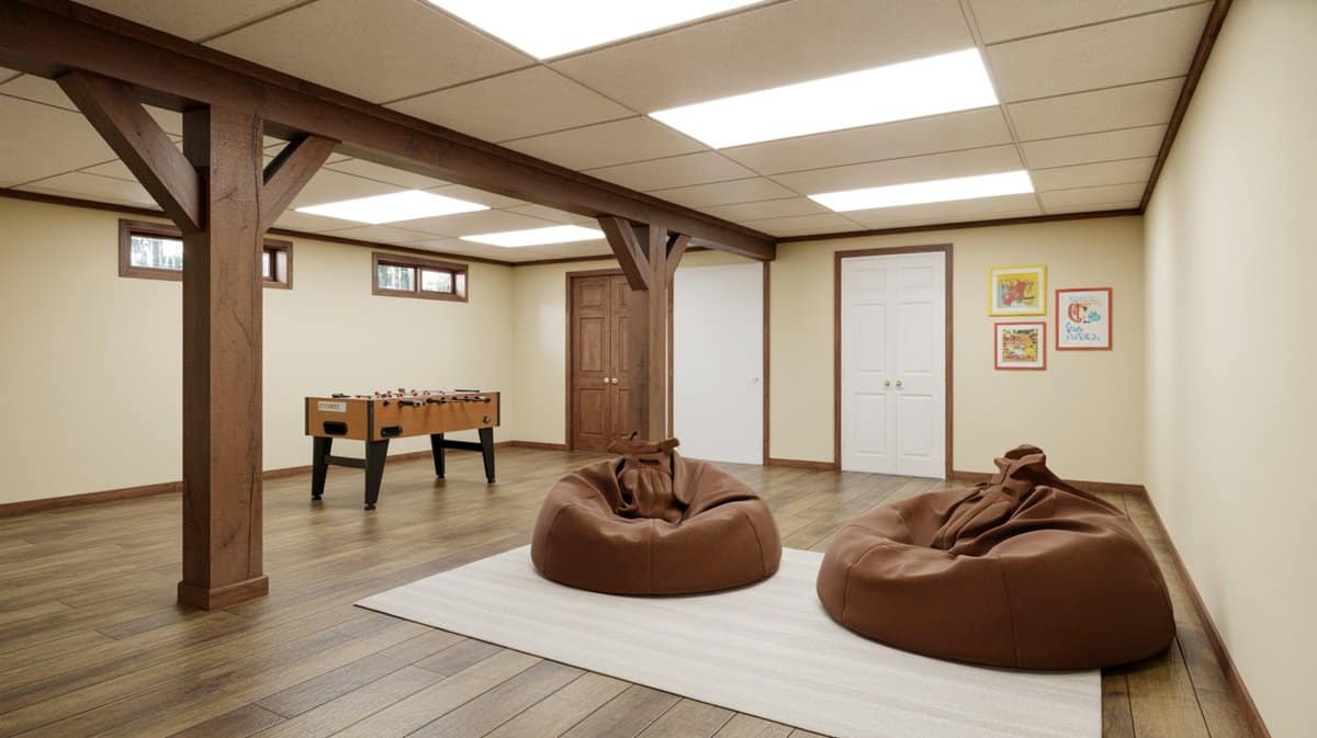 Casual finished basement playroom with dark wood beam columns, two large bean bag chairs, and foosball table on wood floor
