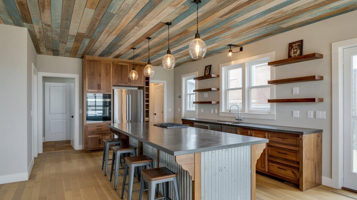 Industrial rustic kitchen with colorful reclaimed wood plank ceiling above a corrugated metal island with concrete top