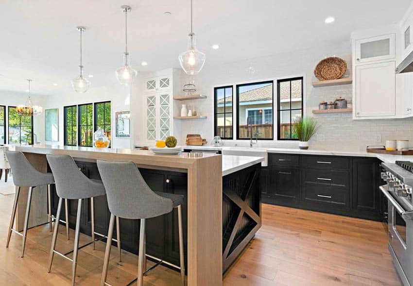 Kitchen with shelving on both sides of apron sink