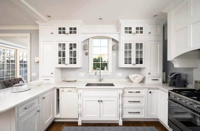 Kitchen With Window Over Sink White Cabinets With Glass Doors 800x527 