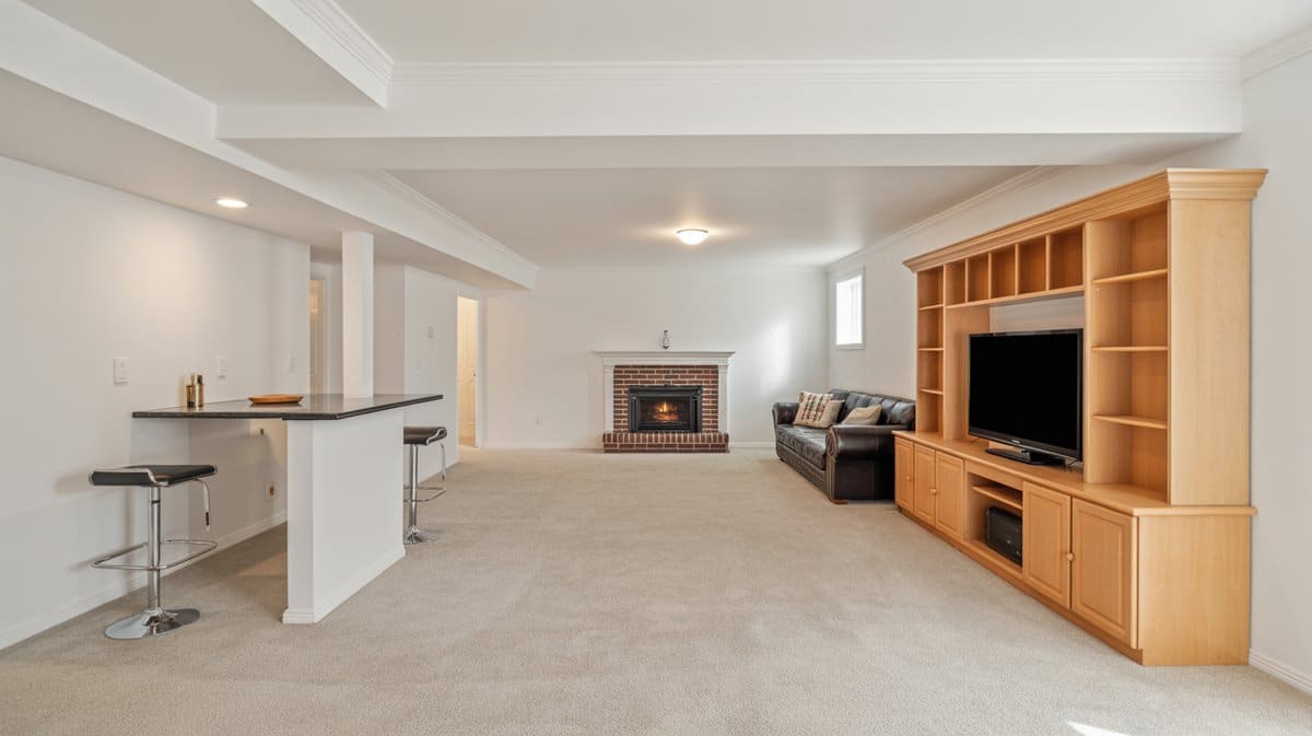 Bright open-plan finished basement with brick fireplace, maple built-in shelves, leather sofa, and small wet bar