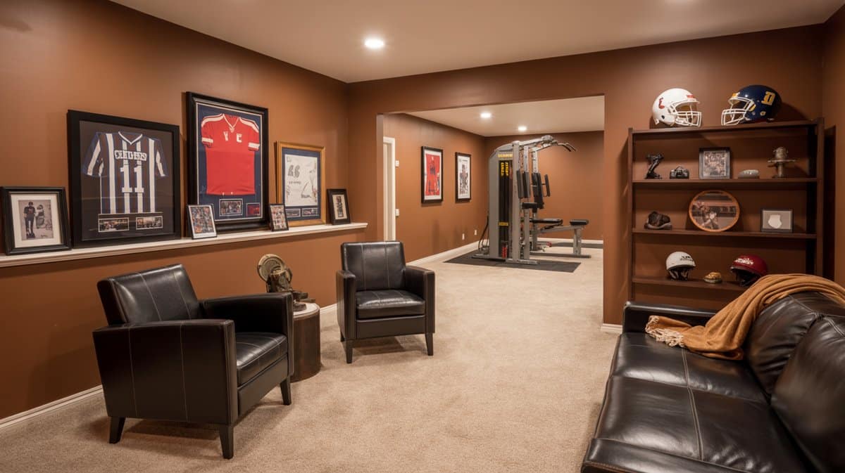 Sports-themed basement with brown walls, framed sports jerseys, black leather armchairs, helmet shelves, and gym equipment beyond