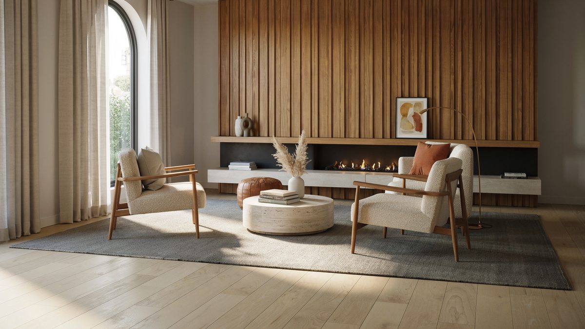 Gray rug spanning two boucle armchairs in front of a slatted wood fireplace wall