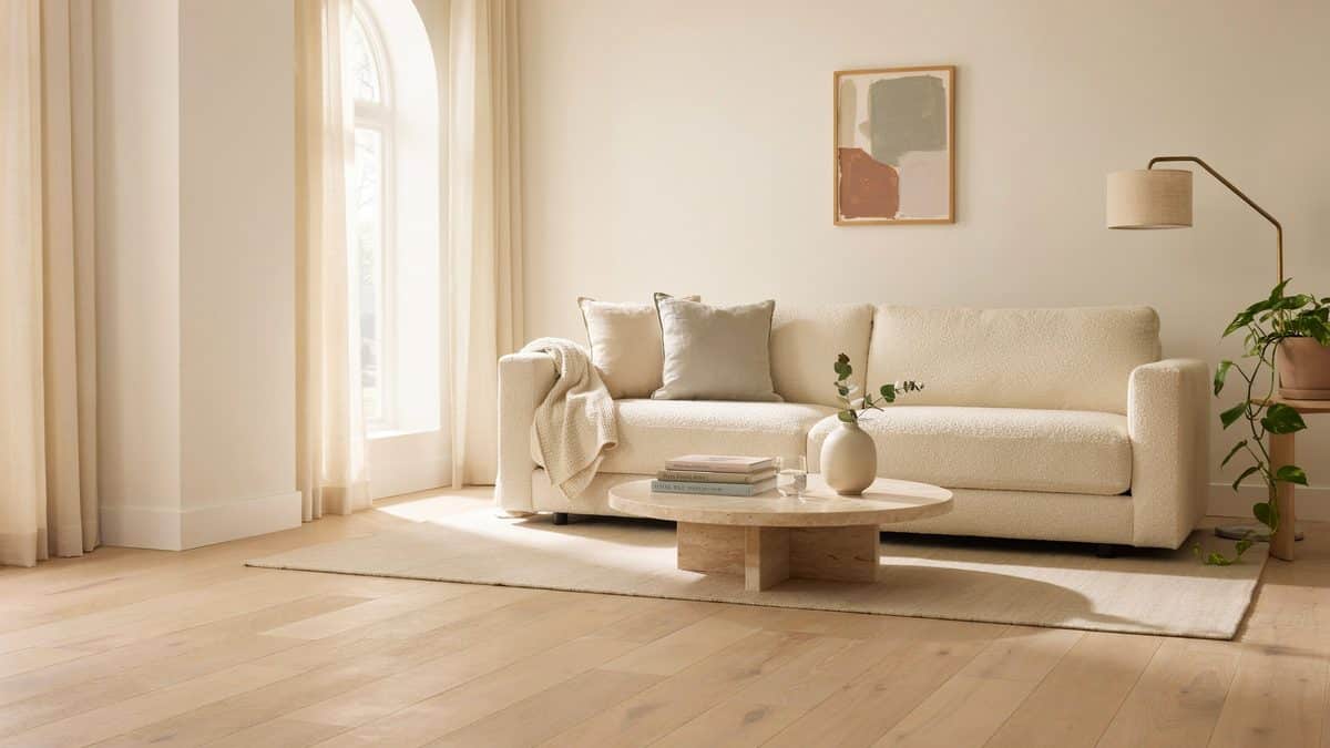 Cream boucle sofa and travertine coffee table resting on a pale ivory rug over light oak flooring