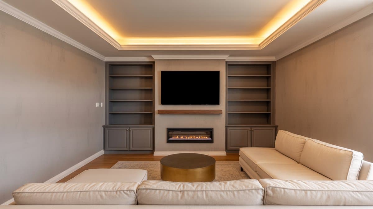Finished basement living room with gray built-in shelves flanking TV and fireplace, cream sectional sofa, and gold coffee table
