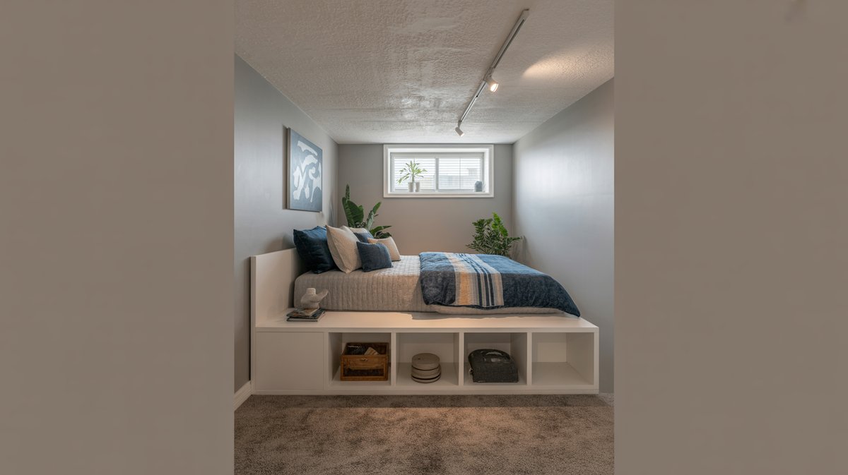 Basement bedroom nook with white platform bed frame, open cubby storage below, blue bedding, and indoor plants