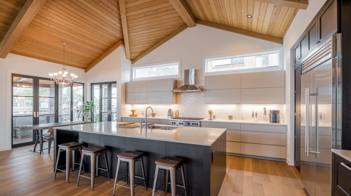 Modern open kitchen with warm oak shiplap vaulted ceiling and exposed beams above a dark charcoal island