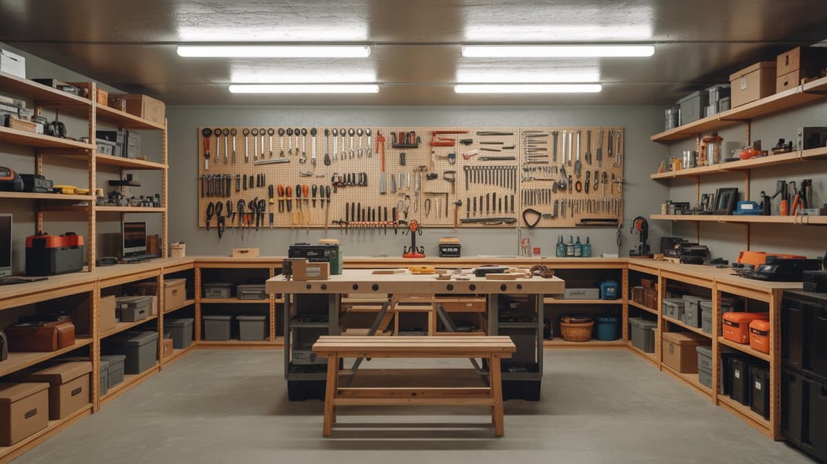 Organized basement workshop with long butcher block workbench, tool pegboard wall, and wood shelving on both sides