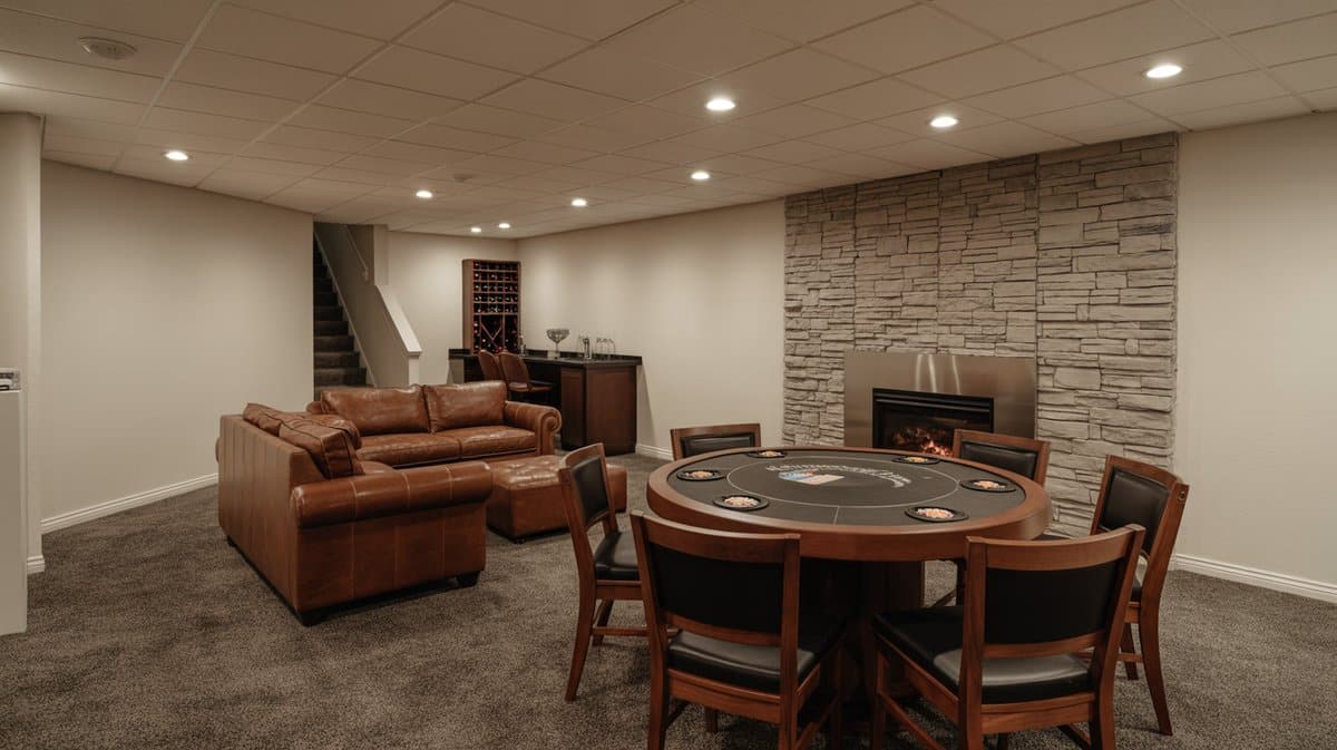 Traditional finished basement with round poker table, stacked stone fireplace, brown leather sofa, and small wet bar with wine rack
