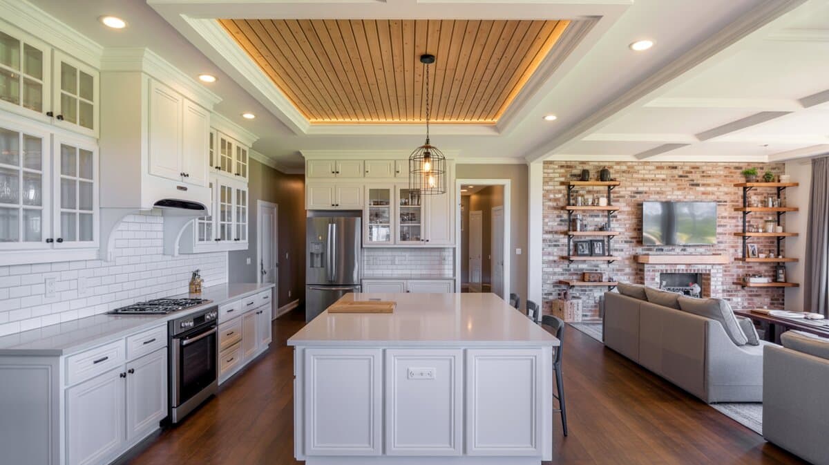 Open-plan farmhouse kitchen with pine wood plank tray ceiling panel above white island open to brick-walled living room