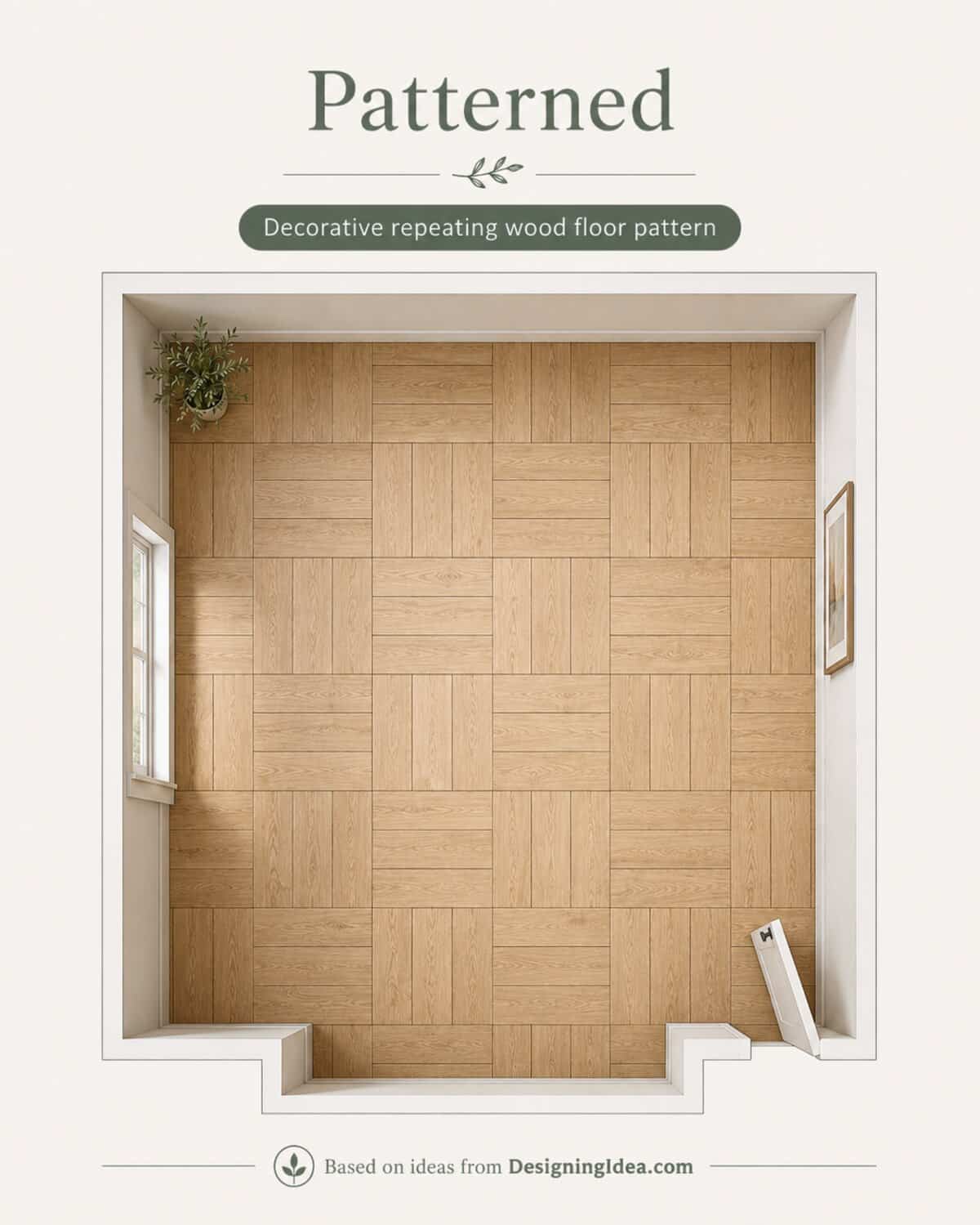 Floor plan showing a decorative repeating geometric wood floor pattern