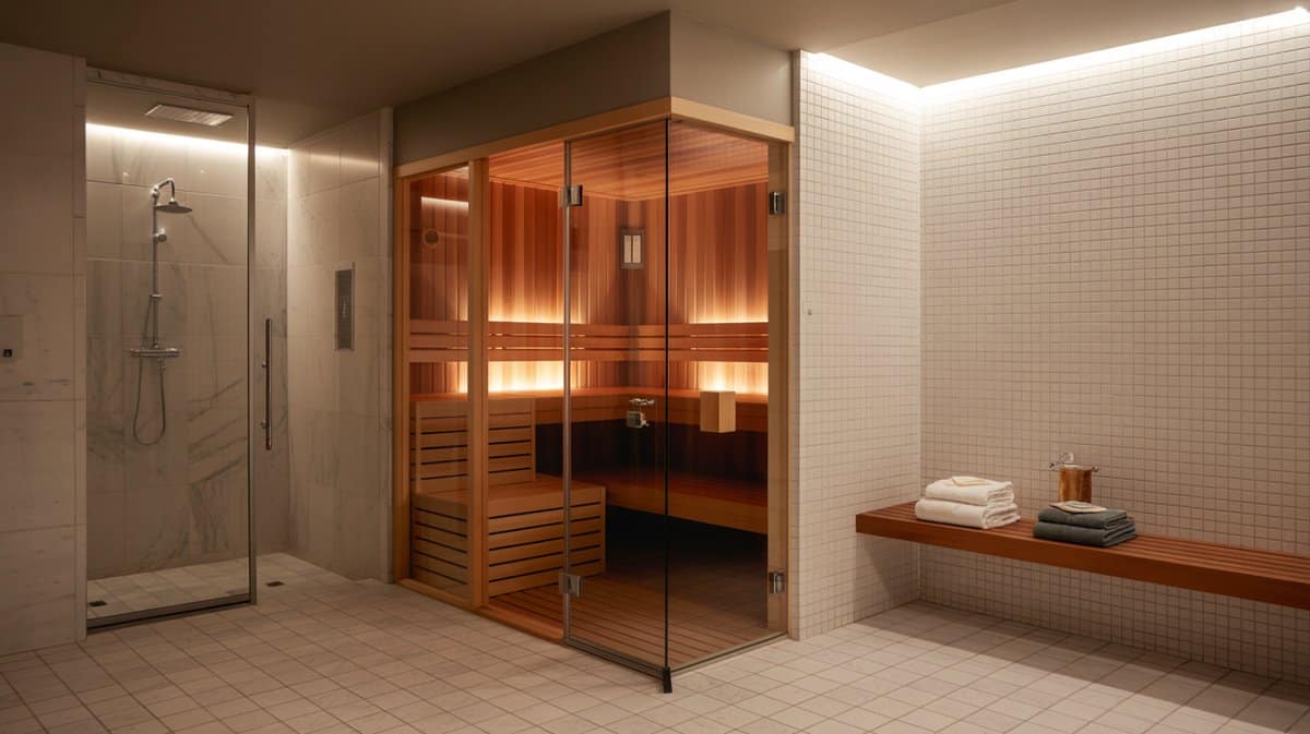 Basement spa with cedar sauna behind glass door, adjacent marble steam shower, white tile walls, and wooden bench