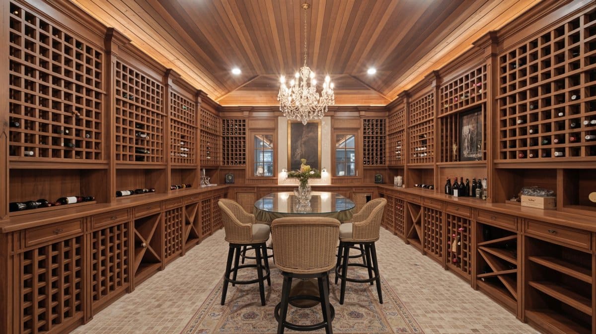 Luxury basement wine cellar with floor-to-ceiling wood wine racks, crystal chandelier, round glass table, and wicker bar stools