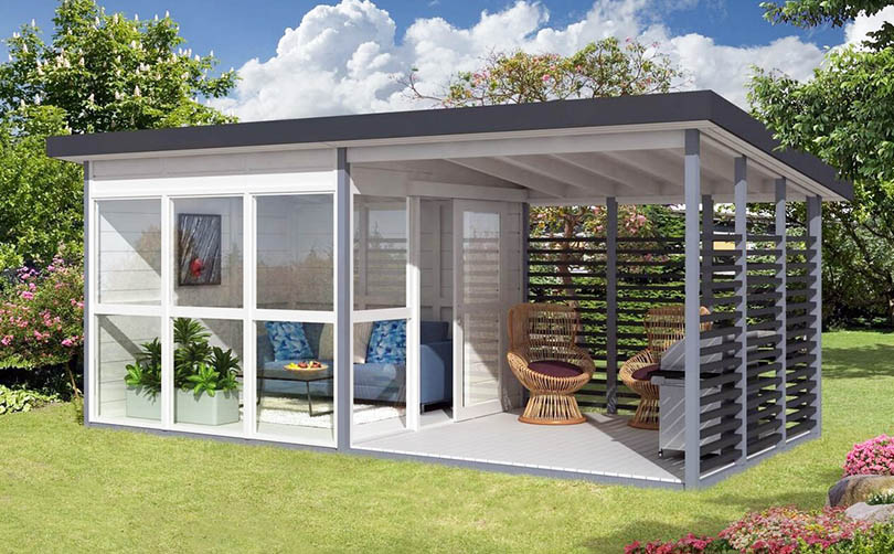 Premade tiny house with patio area