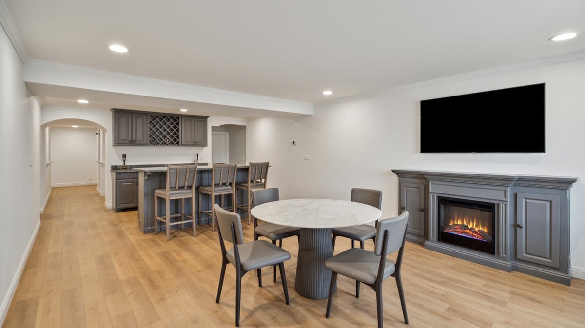 Gray dining area with wet bar and wine rack beside electric fireplace with wall-mounted TV above in finished basement