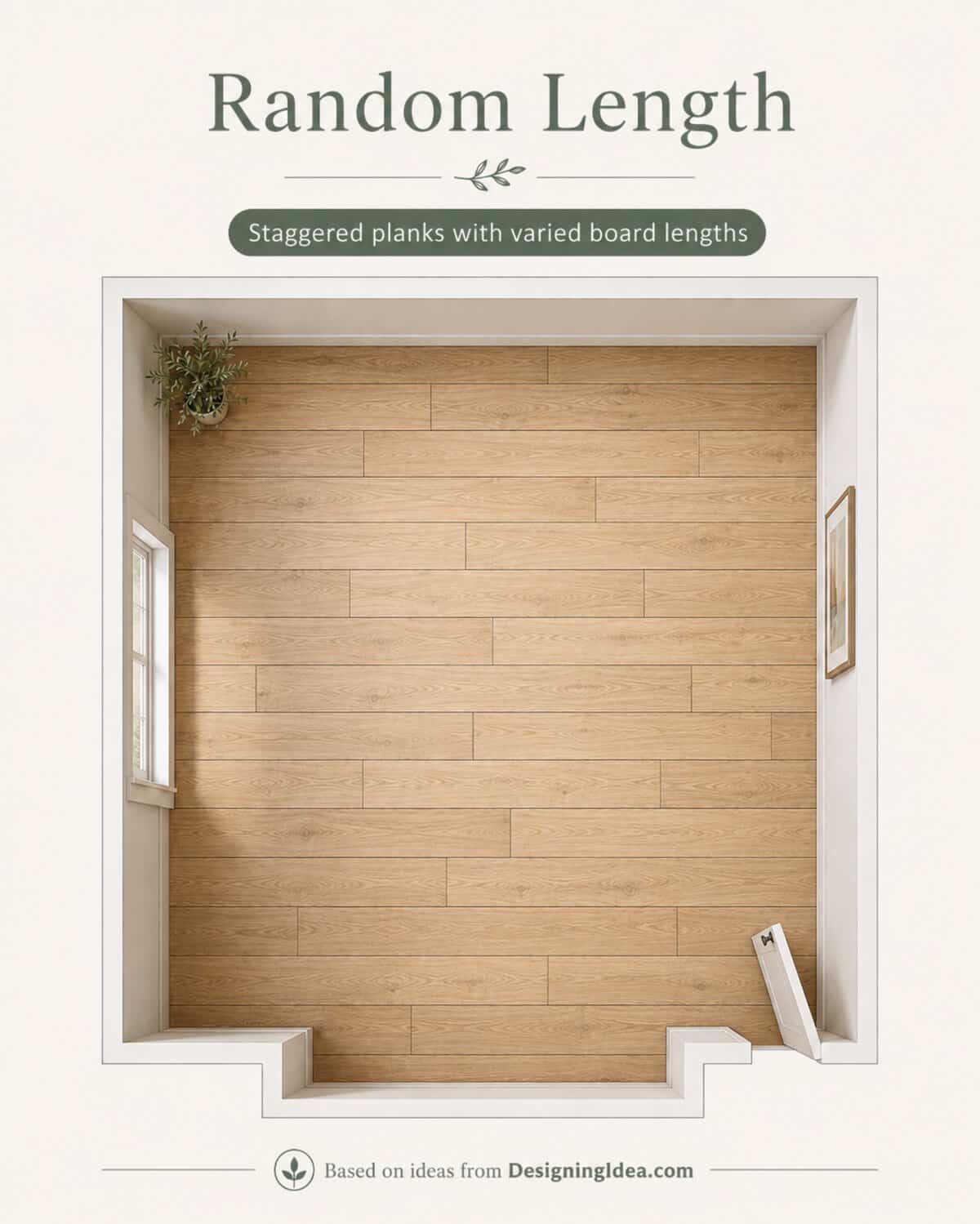 Overhead view of staggered wood floor planks laid in varied random board lengths