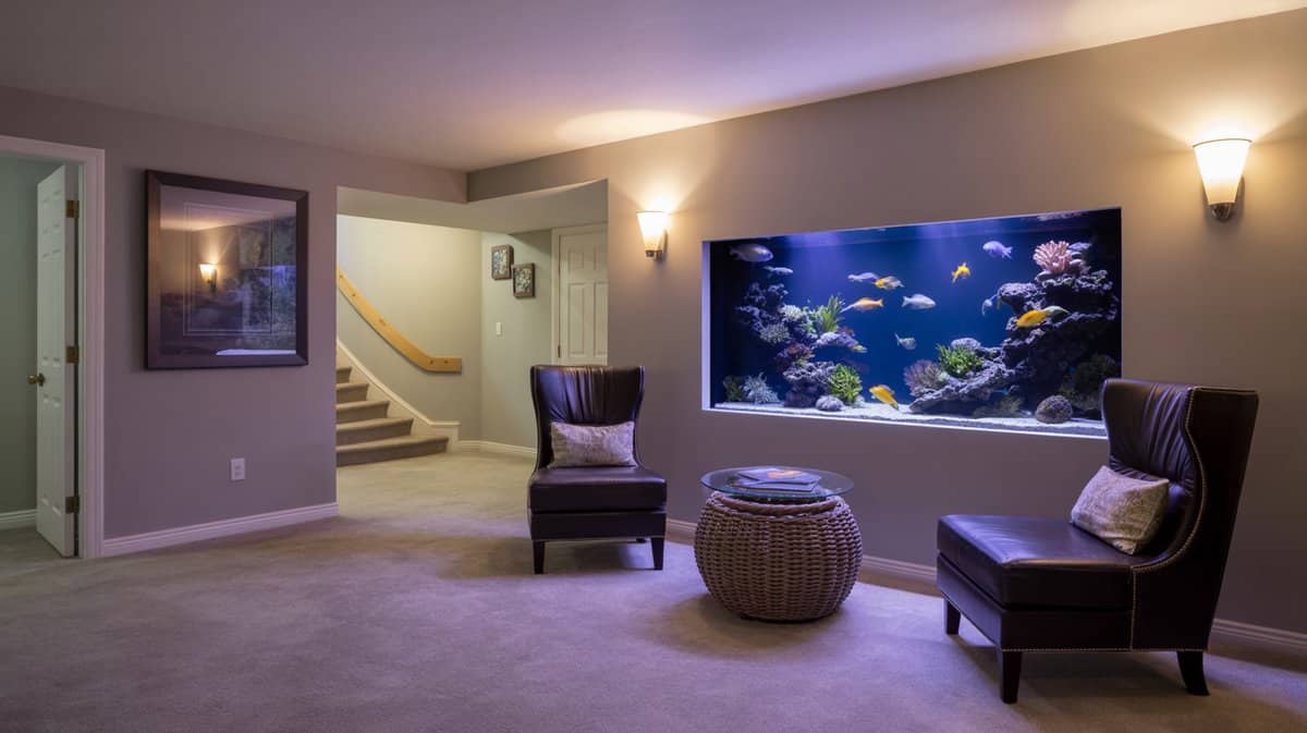 Basement bonus room with large built-in saltwater wall aquarium displaying tropical fish and two dark leather chairs