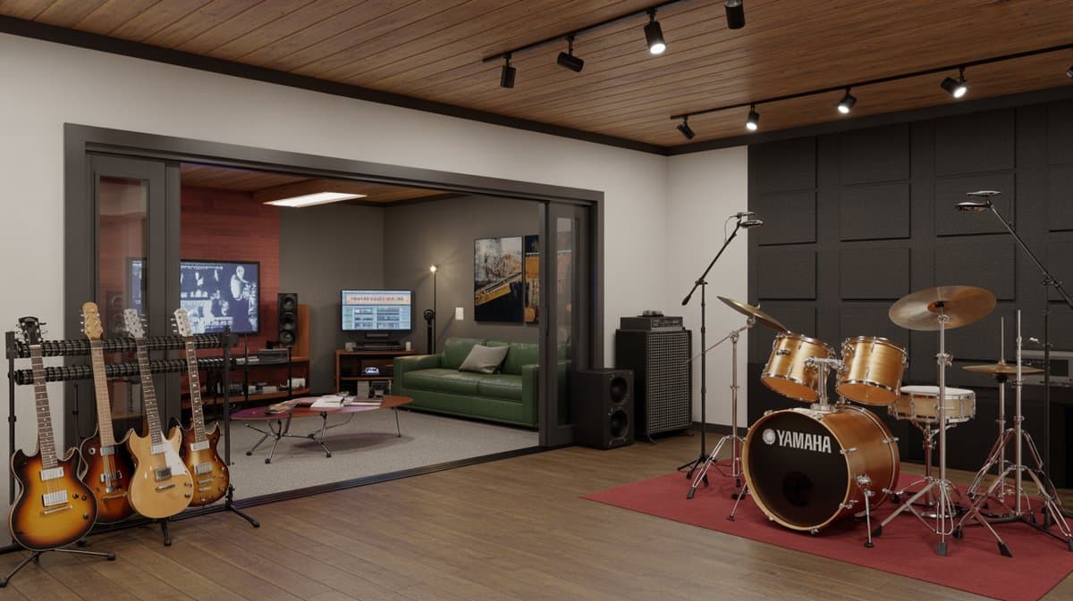Basement music studio with Yamaha drum kit, electric guitar rack, wood ceiling, and glass sliding door to recording booth