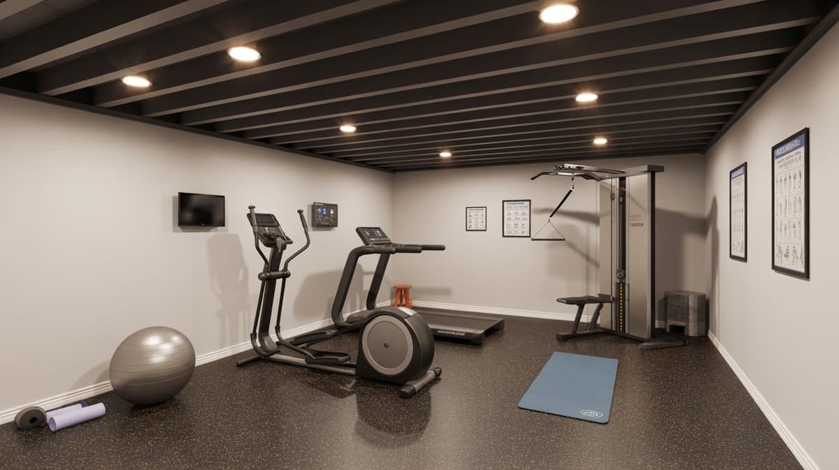 Basement gym with black exposed ceiling joists, elliptical trainer, cable machine, blue yoga mat, and rubber floor