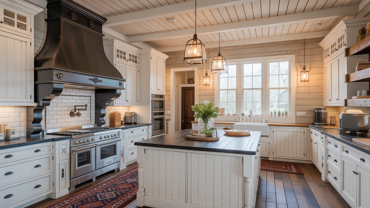 Rustic farmhouse kitchen with whitewashed shiplap on both ceiling and walls surrounding a dramatic black range hood