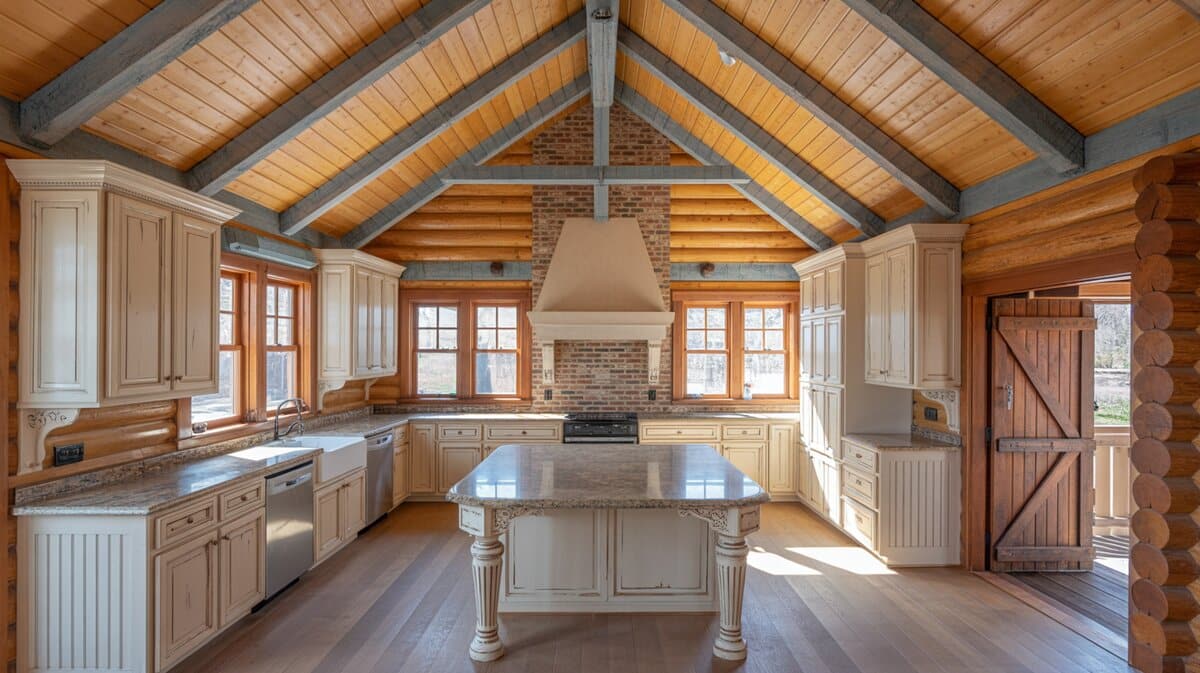 Rustic log house kitchen with cathedral ceiling of timber beams and warm wood planks above cream raised-panel cabinets
