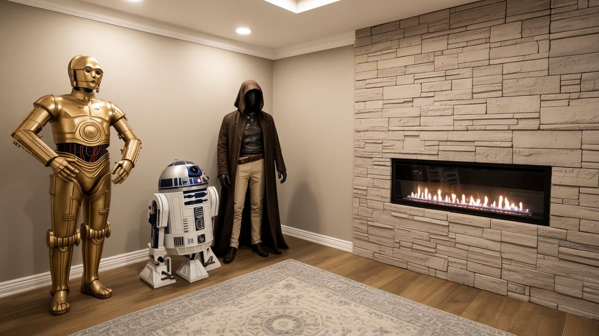 Finished basement with life-size Star Wars C-3PO and R2-D2 character statues beside a stacked stone linear fireplace