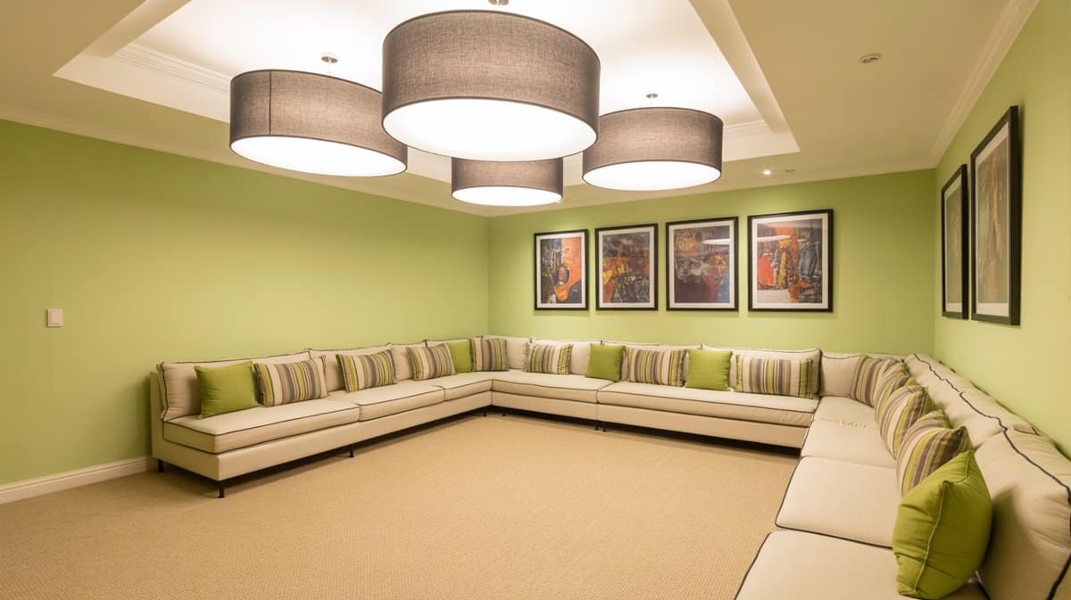 Bright basement lounge with large cream U-shaped sectional sofa, cluster of gray drum pendant lights, and colorful wall art