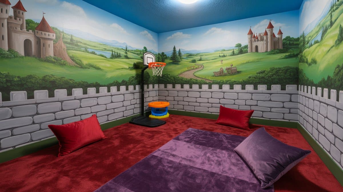 Castle-themed basement playroom with painted mural walls, stone battlements, red carpet floor, and basketball hoop