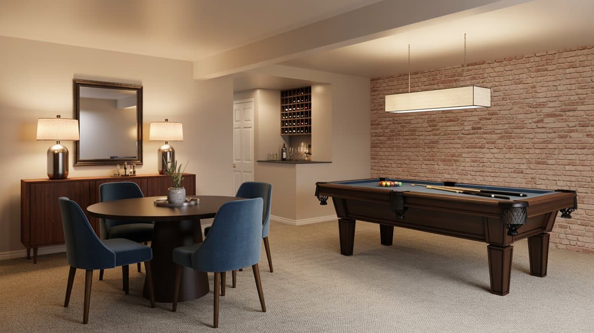 Exposed brick accent wall basement with dark pool table, blue felt, round dark dining table, and blue velvet chairs